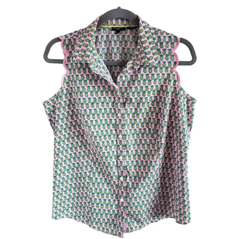 Talbots Woman Size 10 P Pineapple Novelty Print NWOT Sleeveless Button up Blouse - Picture 1 of 6